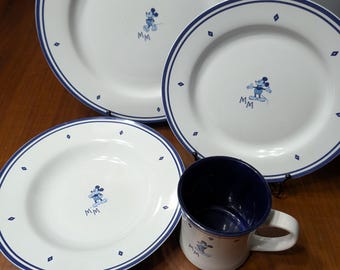 Discontinued Mickey Mouse Stoneware Dinnerware Set, Navy and White, 16 Pieces