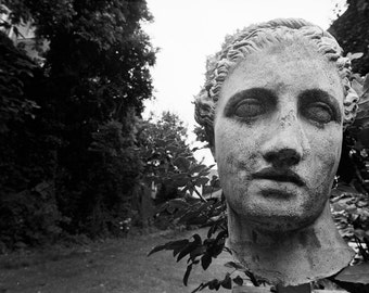 Black and White Fine Art Photograph, 16X20 Photo, Antwerp Sculpture Head, Black and White Garden Photo, Sculpture Photo