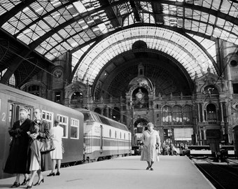 白黒写真プリント - 16 x 20 インチ アントワープ駅写真プリント - ムーディーな駅の写真 - jgrantbrittain - 1980 年代の列車アート