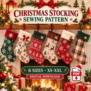 Christmas Stocking Sewing Pattern PDF, 6 Sizes XS–XXL, Fold-Over Cuff