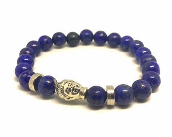 Blauwe en zilveren Boeddha armband