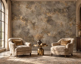 May include: Two beige upholstered armchairs with gold velvet pillows are positioned on either side of a round gold pedestal table. The wall behind features a textured, mottled gray and gold finish, and a large arched window is on the left.