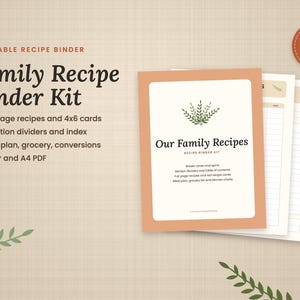 May include: A printable recipe binder kit featuring a cover page titled Our Family Recipes with a green leaf illustration. The kit includes 18 pages of recipe templates, section dividers, an index, meal planners, and grocery lists.
