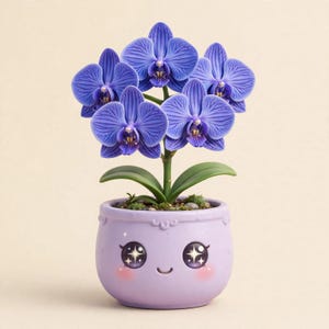 May include: A potted orchid plant with vibrant blue-purple petals featuring dark veins. The plant sits in a round, light purple ceramic pot decorated with a smiling face, large sparkling eyes, and pink cheeks, resting on a plain background.