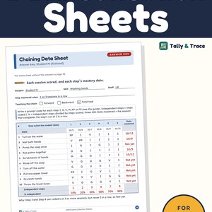 May include: A white Chaining Data Sheet with blue headers and a grid for tracking student progress on washing hands. The document includes columns for dates, steps, and mastery status, with the Tally & Trace logo and a yellow FOR SPED badge.