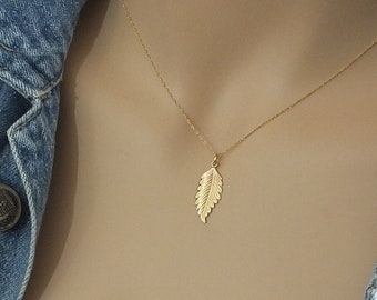 14k Solid Gold Leaf Necklace, Delicate Statement Necklace, Solid Gold Large Fall Leaf Charm Necklace