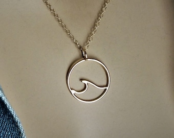 14k Solid Gold Wave Pendant Necklace, Hand Forged 14k Solid Gold 7/8th inch Ocean Wave Necklace, Minimalist Gold Wave Charm Necklace