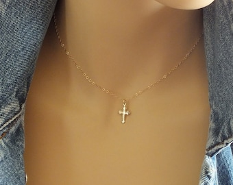 Dainty Orthodox Cross Necklace, 14k Solid Gold Religious Cross Charm Necklace, Baptism, Christmas Gift for Her