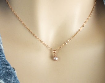 Dainty Pearl Necklace, 14k Rose Gold Filled Pearl Necklace, Single Pearl Necklace, Rose Gold Pearl Necklace, Lavendar Pink Pearl Necklace