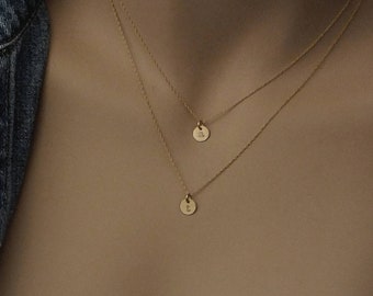 2 Necklace Set 14K Solid Gold Necklace TINY  6mm Initial ( 1/4 inch)  Itty Bitty Gold Initial 14k Solid Gold Disc - Hand Stamped Necklace