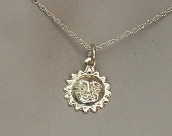 14k Solid Gold Sun Necklace, Boho Sun Pendant Necklace, Minimalist Sun with a face Pendant Necklace