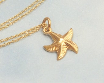 14k Solid Gold Starfish Necklace, Mermaid Necklace, Real Gold Beach Vacation Jewelry