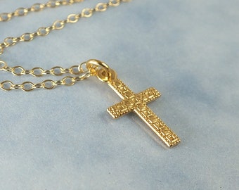 14k Solid Gold Ornate Cross Pendant Necklace, Small Gold Cross with Beautiful Pattern, Religious Cross Charm Necklace, Baptism, Customizable