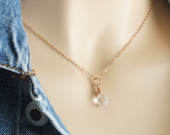 Rose Gold Quartz Necklace, 14k Rose Gold Filled Quartz Necklace, Natural Quartz Crystal Necklace, Gold Wire Wrapped Clear Quartz Crystal