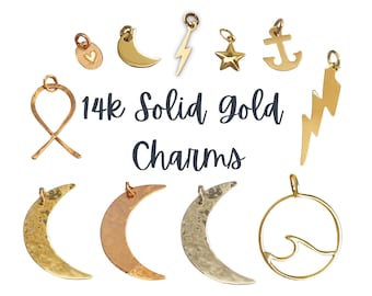 14k Gold Charm, Dainty Gold Celestial Charm, 14k Solid Gold Charm • Crescent Moon, Star, Wave, Lightning, Heart, Ribbon • Charm Gift for Her