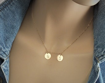 14k Solid Gold Initial Charms, 11mm Disc, Up To 5 Initials or 5 Name Charm: 16 - 20" 14kt Gold  Cable Chain for Mom Mother, Grandma, Wife