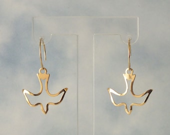 Dainty Dove Earrings, 14k Solid Gold Dove Earrings, Gold Bird Hoop Earrings, Huggie Dove Earrings, Dangley Peace Dove Earrings