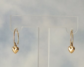Dainty Heart Earrings, 14k Solid Gold Heart Earrings, Gold Heart Hoop Earrings, Huggie Heart Earrings, Dangley Half Puffed Heart Earrings