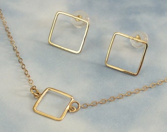 Minimalist Gold Necklace and Earring Set, 14k Solid Gold Square Necklace and Earrings, Dainty 14k Hand Forged Gold Square Stud