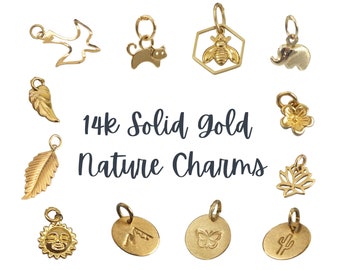 Amuletos de oro de 14 k, delicados amuletos de la naturaleza, encanto de oro macizo de 14 k de San Valentín • Abeja, gato, flor, hoja, sol + paloma• Encanto de oro de 14 k para agregar al collar