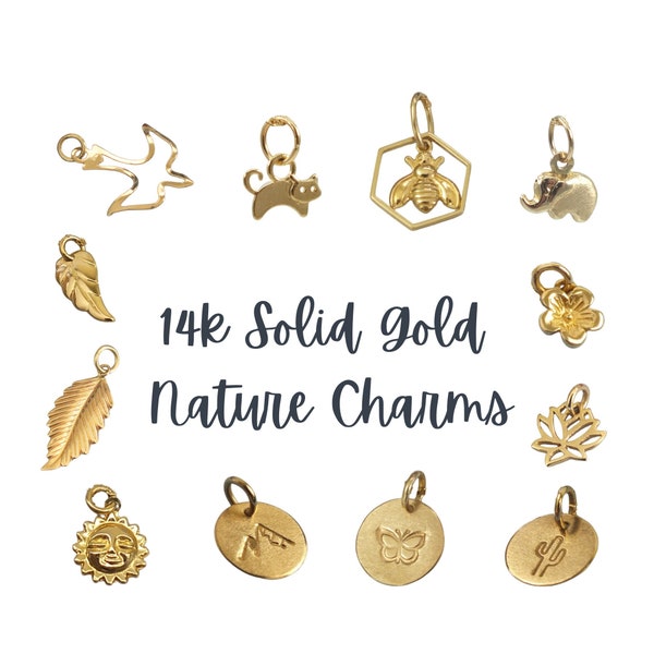 14k Gold Charms, Dainty Nature Charms, Valentine 14k Solid Gold Charm • Bee, Cat, Flower, Leaf, Sun +Dove• 14k Gold Charm to Add To Necklace