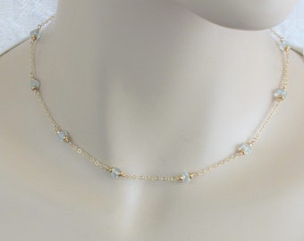 Aquamarine Necklace, 14k Gold Filled Aquamarine Station Necklace, Dainty Gemstone Necklace, March Birthstone Necklace