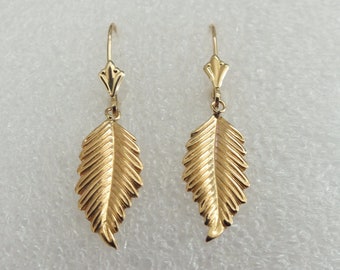 SPECIAL OFFER - 14k Solid Gold Leaf Earrings, Gold Nature Leaf Earrings, Dangly Gold Earrings, Limited Quantity