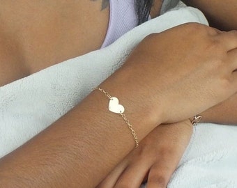 14k Heart Bracelet, 14k Solid Gold Initial Heart Bracelet, Dainty Gold Bracelet, Solid Gold Heart Bracelet, Forever Bracelet, Gift for Her