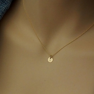 TINY 14K Solid Gold  Initial Necklace 6mm ( 1/4 inch)  Itty Bitty Gold Initial Disk 14k Solid Gold Disc - Hand Stamped Custom Necklace
