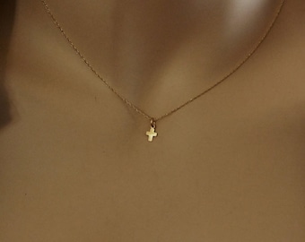 TINY Gold Cross Necklace, 14k Gold Cross Necklace, Christian Cross Necklace, Solid Gold Tiny Cross Necklace, Minimalist Cross Necklace