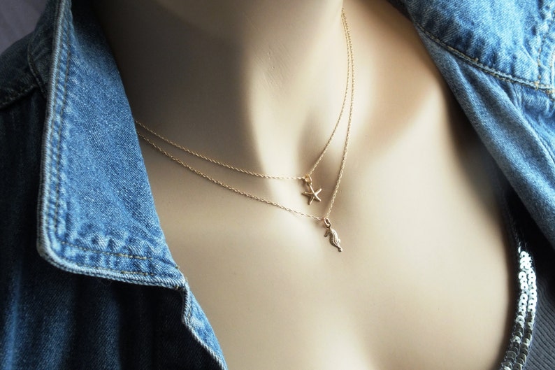 Layered Ocean Life Layers Marine Life Minimalist 14k Sea Life 14k Minimalist Layered Necklace Set 2 Layered 14k Solid Gold Necklaces