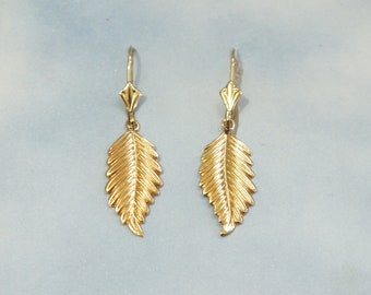 14k Solid Gold Leaf Earrings, Dainty Gold Dangle Leaf Earrings, 14k Gold Earring, Gold Nature Earrings, Solid Gold Leaf Earrings