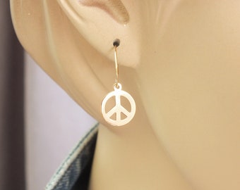 Dainty Peace Sign Earrings, 14k Solid Gold Peace Sign Earrings, Gold Peace Sign Hoop Earrings, Huggie Peace Earrings, Dangley Peace Earrings