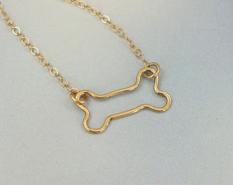 Dog Bone Necklace, 14k Solid Gold Love My Dog, 14k Hand Forged, Minimalist Style Necklace, Gold Dog Bone Necklace