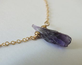 14k Raw Amethyst Choker, 14k Solid Gold Frosted Amethyst Gemstone Necklace, Anxiety Fidget Charm, Adjustable Choker Necklace, Customizable