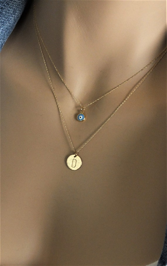 Two 14k Set Gold Layered Necklace Set Tiny Gold Evil Eye and
