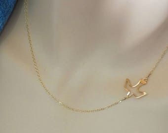 14k Dove Outline Necklace, 14k Solid Gold Open Dove on Chain, Sideways Bird Charm on Gold Chain, Minimalist Bird Necklace, Customizable