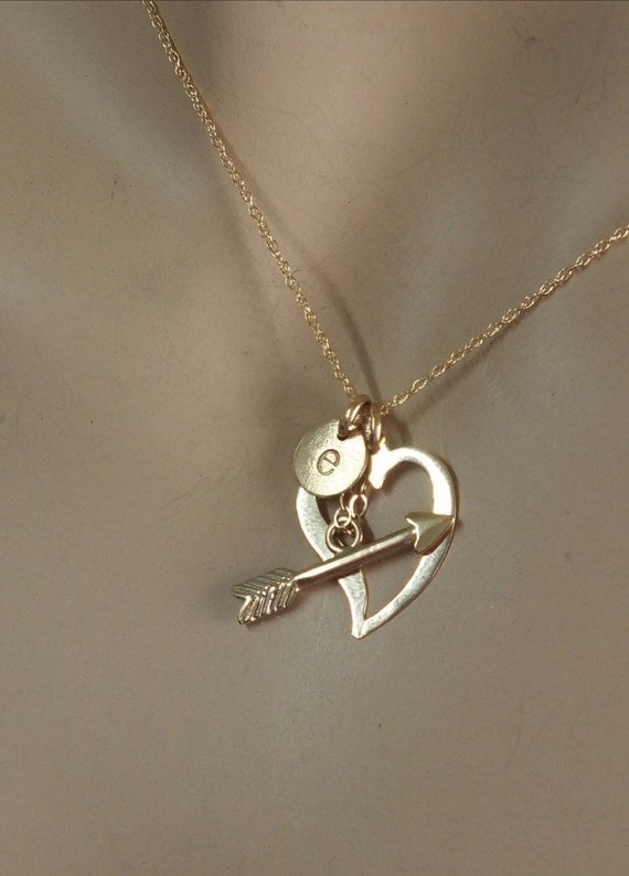 14k Heart and Arrow Initial Necklace, 14k Solid Gold, I love You, Heart and Arrow Necklace