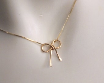 14K Solid Gold  Bow Necklace 1/2 in 14k Real Gold Bow, Tie The Knot Slide Necklace for Brides Maid, Maid of Honor,  BFF, Mimimalist Gold Bow