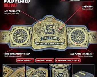 Tag Team Title Belt, 4mm Zinc Gold Plated SD Etched Plates, Floppy Hand Tooled Black Leather Strap, Wrestling Gift for Fans