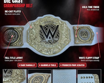 White Championship Belt, Die Cast Gold Tone Plates, White Floppy Leather Strap, Heavyweight Title Belt for Wrestling Fans, Gift