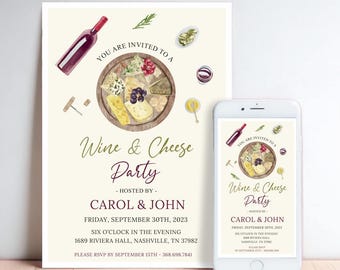 Wine and Cheese Party Invitation: Elegant Dinner, Printable & Digital