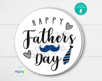 Happy Father's Day Tag: Mustache, Tie Circle Gift Tag. Printable File, 2-inch Size. Instant Download PDF.