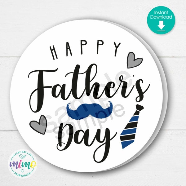 Happy Father's Day Tag: Mustache, Tie Circle Gift Tag. Printable File, 2-inch Size. Instant Download PDF.