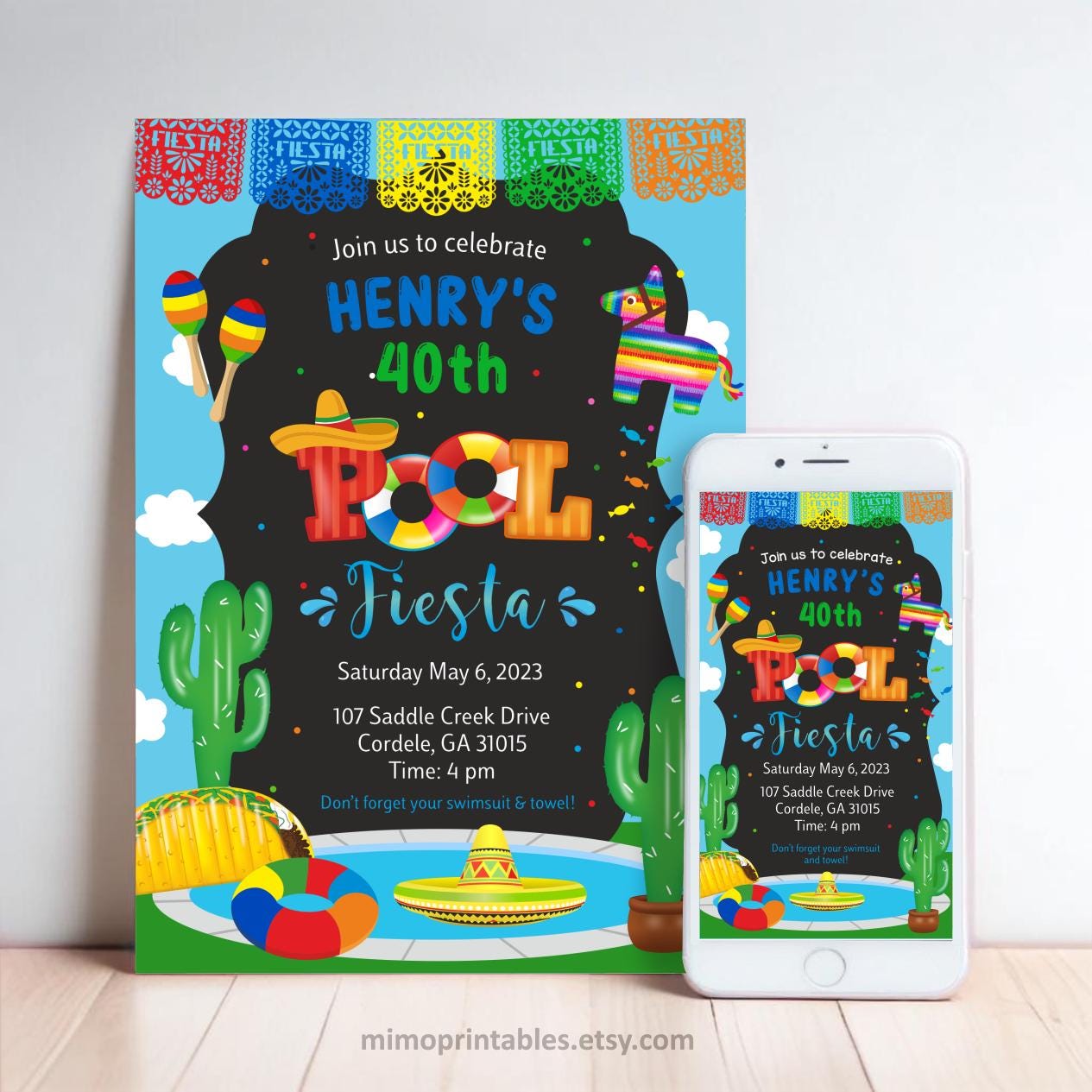 Mexican Pool Fiesta Invitation: Piñata, Cactus, Taco (Printable & Digital)