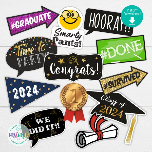 Graduation 2024 Photo Booth Props, Printable PDF file, Instant Download