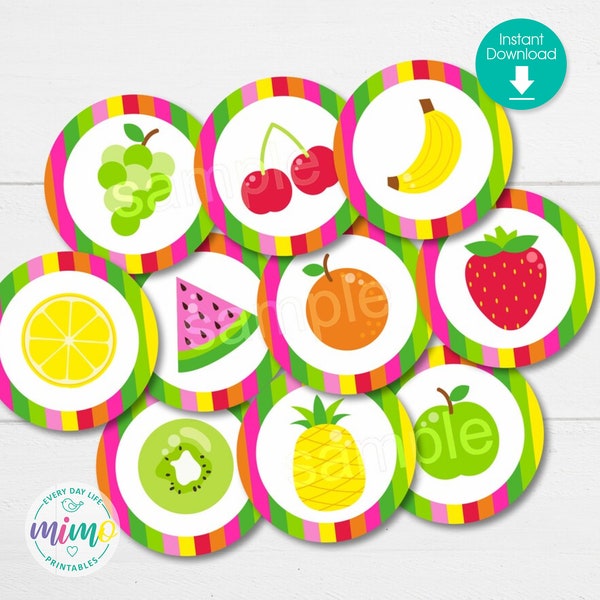 Fruit Tags, cupcake toppers, Pineapple, Watermelon, Lemon, Orange, Cherry, Kiwi, Bannana, 10 designs, Instant Download