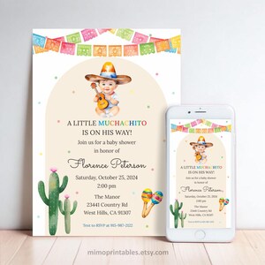 May include: Baby shower invitation featuring a baby in a sombrero playing a guitar. The invitation includes the text "A LITTLE MUCHACHITO IS ON HIS WAY!" and event details. A smartphone displays the same design.