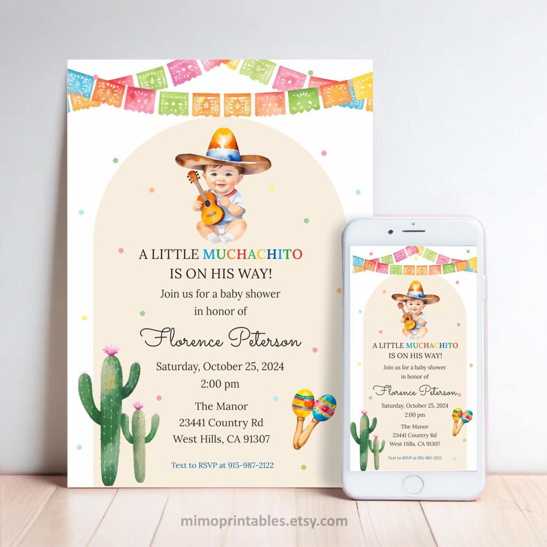 May include: Baby shower invitation with a baby in a sombrero playing a guitar. The invitation includes the text "A LITTLE MUCHACHITO IS ON HIS WAY!" and event details. A smartphone displays the same design.