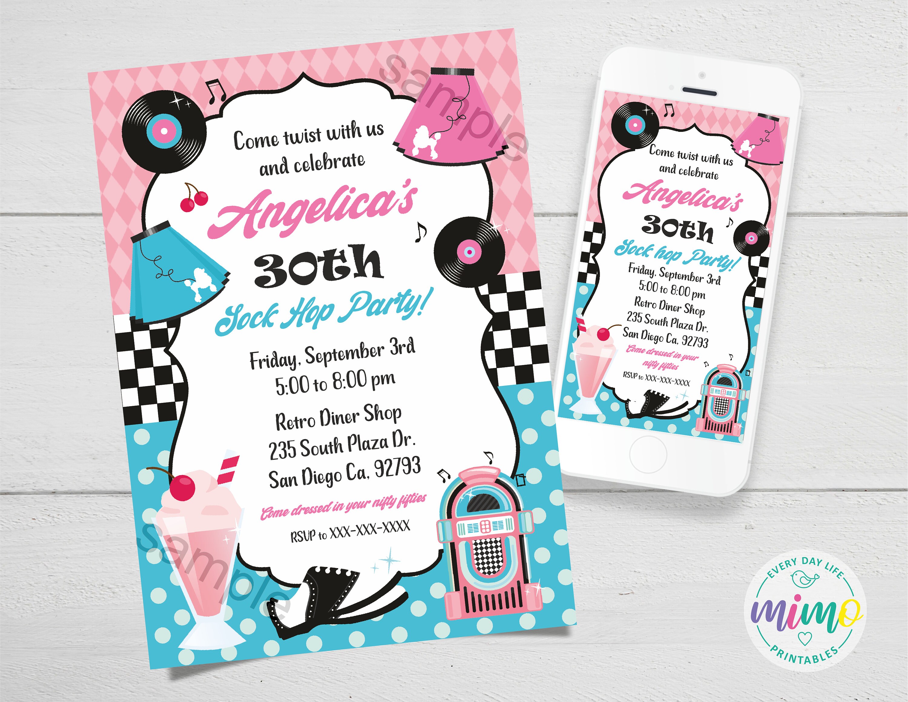 50s fifties Rock and Roll Sock Hop Birthday Invitation Retro 50s Theme Invite 1950s Printable digital Invitation